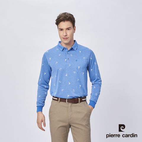 【pierre cardin 皮爾卡登】男款 吸濕排汗印花薄長袖polo衫-天藍色 (5215202-35)