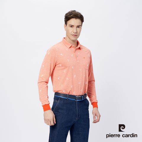 【pierre cardin 皮爾卡登】男款 吸濕排汗印花薄長袖polo衫-桔色 (5215202-65)