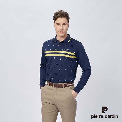 【pierre cardin 皮爾卡登】男款 吸濕排汗定位條印花薄長袖polo衫-深藍色 (5215204-38)