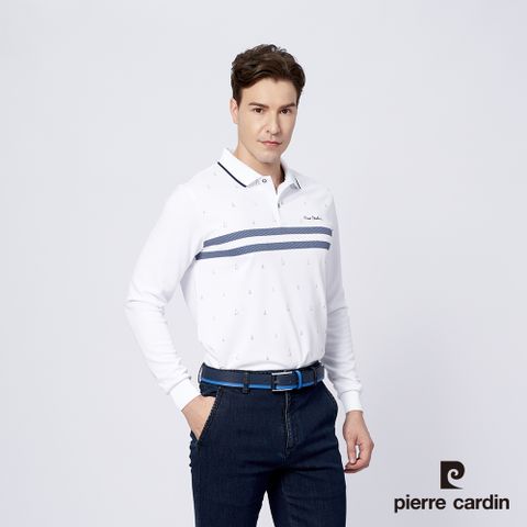 Pierre Cardin 皮爾卡登 男款 吸濕排汗定位條印花薄長袖polo衫-白色 (5215204-90)