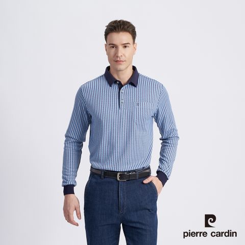 【pierre cardin 皮爾卡登】男款 刷毛直條長袖polo衫-水藍色 (5215205-36)