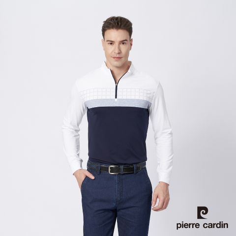 【pierre cardin 皮爾卡登】男款 立領拉鍊吸濕排汗數位印花薄長袖polo衫-白色 (5215207-90)