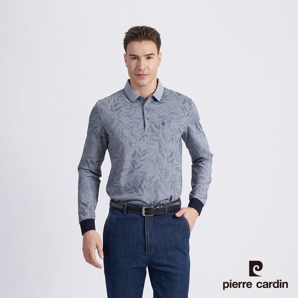 Pierre Cardin 皮爾卡登 男款 棉質混紡印花薄長袖POLO衫-丈青色 (5215210-38)