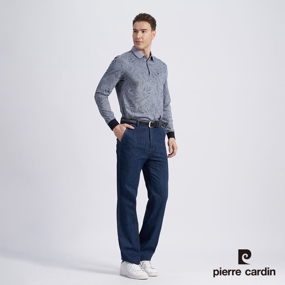 Pierre Cardin 皮爾卡登 男款 棉質混紡印花薄長袖POLO衫-丈青色 (5215210-38)