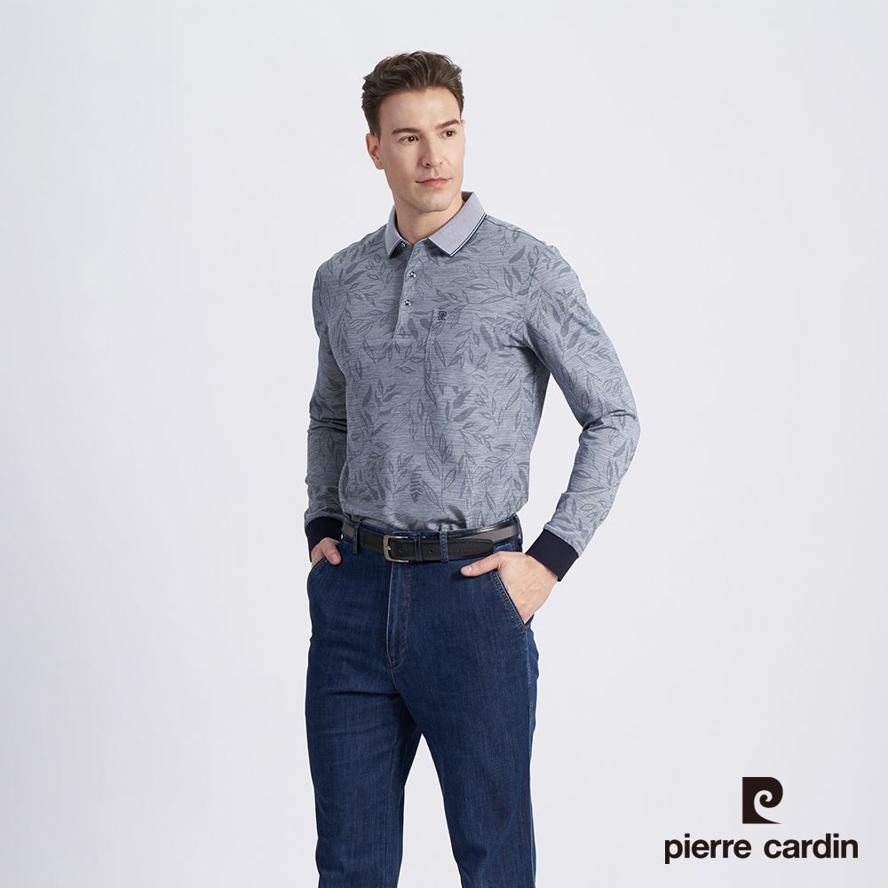 Pierre Cardin 皮爾卡登 男款 棉質混紡印花薄長袖POLO衫-丈青色 (5215210-38)