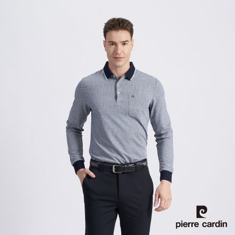 【pierre cardin 皮爾卡登】男款 棉質混紡雙色網眼布印花薄長袖POLO衫-丈青色 (5215254-38)