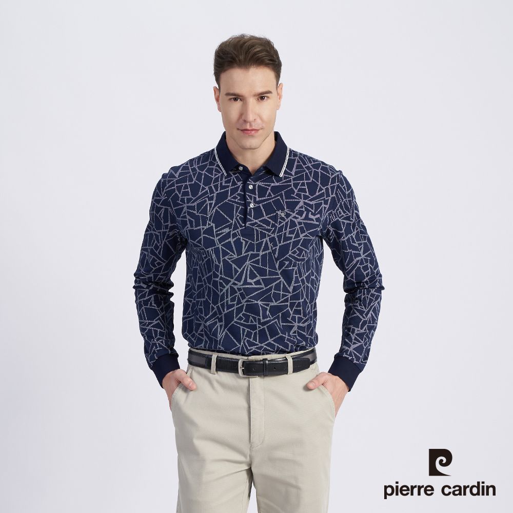 Pierre Cardin 皮爾卡登 男款 棉質混紡網眼布印花薄長袖POLO衫-丈青色 (5215255-38)