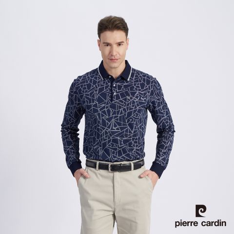【pierre cardin 皮爾卡登】男款 棉質混紡網眼布印花薄長袖POLO衫-丈青色 (5215255-38)