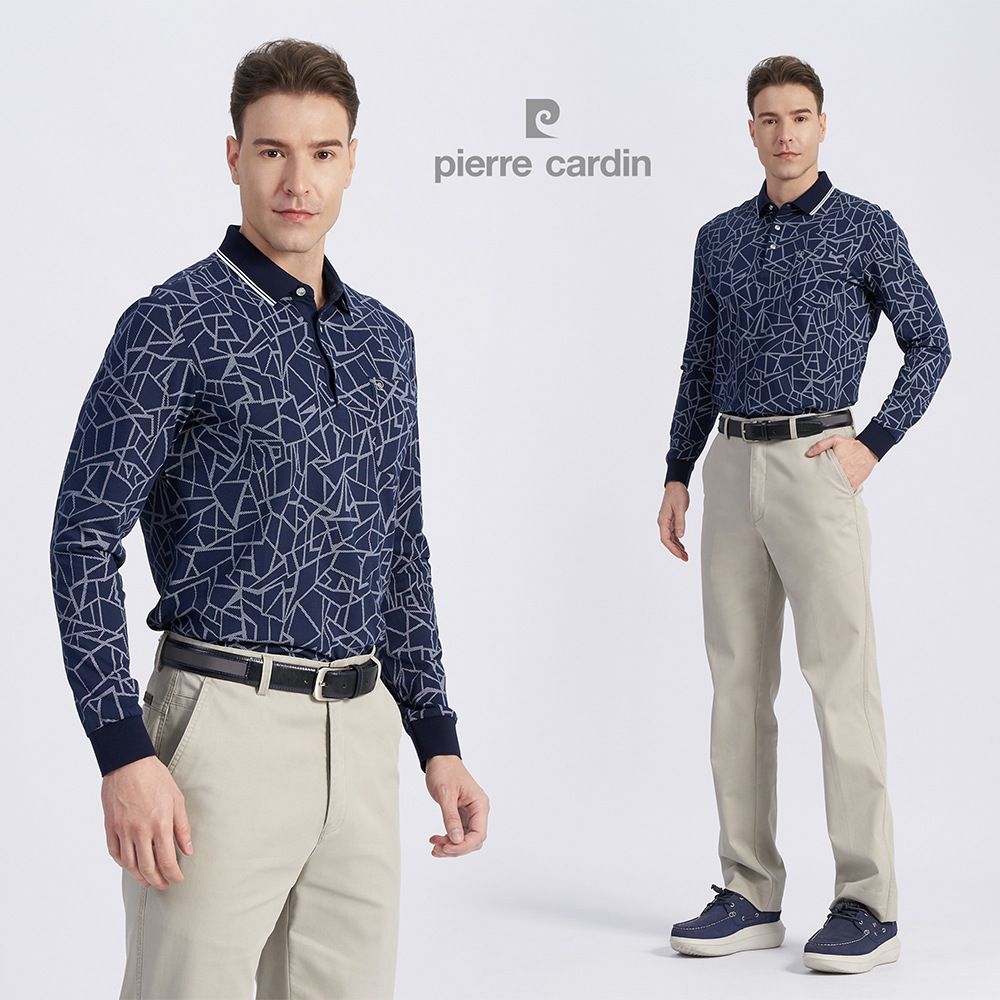 Pierre Cardin 皮爾卡登 男款 棉質混紡網眼布印花薄長袖POLO衫-丈青色 (5215255-38)