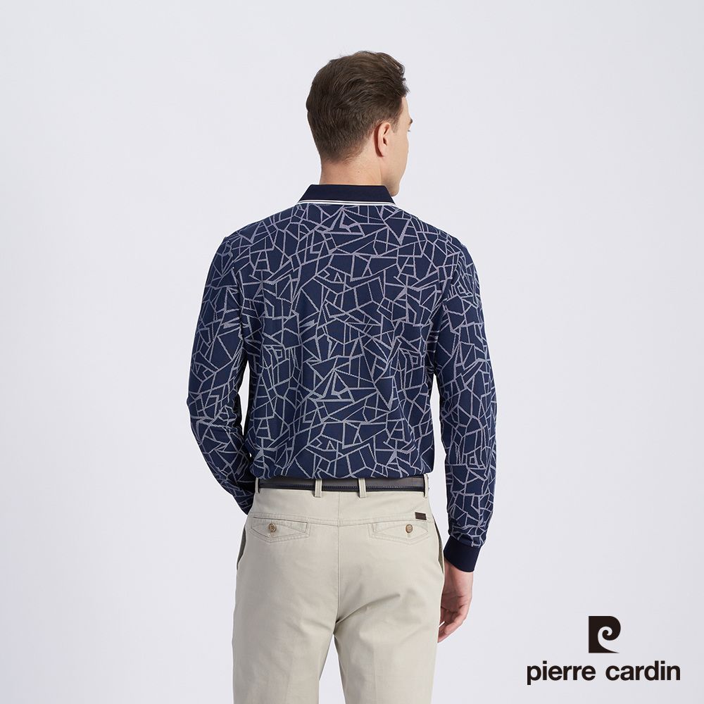 Pierre Cardin 皮爾卡登 男款 棉質混紡網眼布印花薄長袖POLO衫-丈青色 (5215255-38)