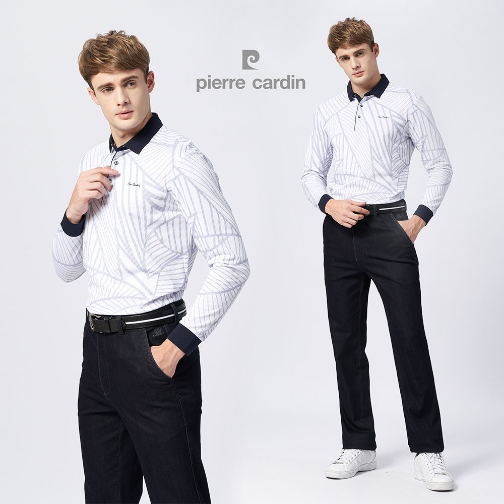 Pierre Cardin 皮爾卡登 男款 棉質混紡網眼布印花薄長袖POLO衫-白色 (5215256-90)