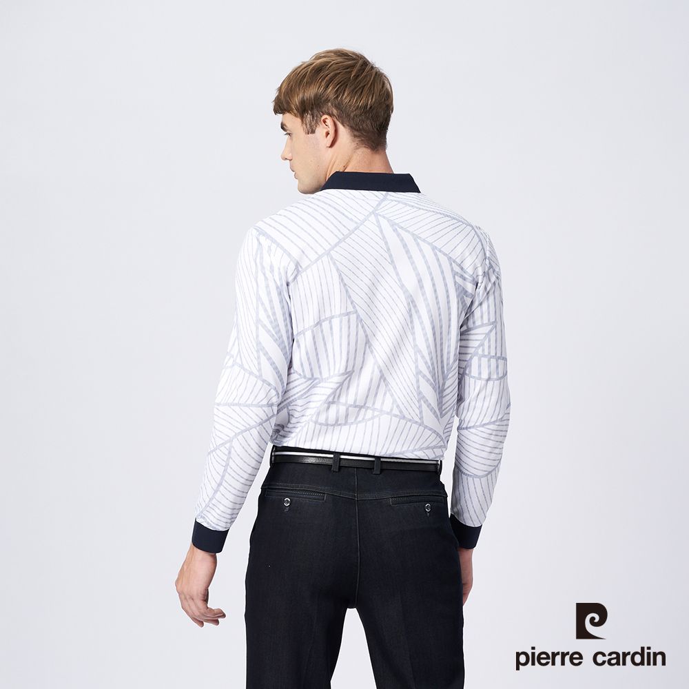 Pierre Cardin 皮爾卡登 男款 棉質混紡網眼布印花薄長袖POLO衫-白色 (5215256-90)