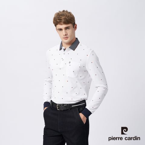 【pierre cardin 皮爾卡登】男款 棉質混紡網眼布印花薄長袖POLO衫-白色 (5215257-90)