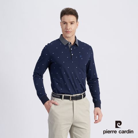 Pierre Cardin 皮爾卡登 男款 棉質混紡網眼布印花薄長袖POLO衫-丈青色 (5215257-38)