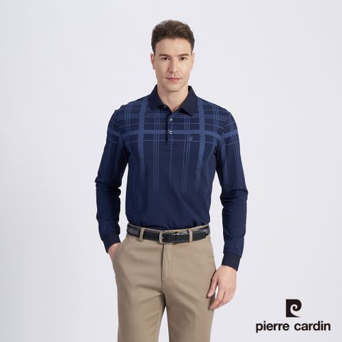 【pierre cardin 皮爾卡登】男款 棉質混紡網眼布印花薄長袖POLO衫-丈青色 (5215258-38)