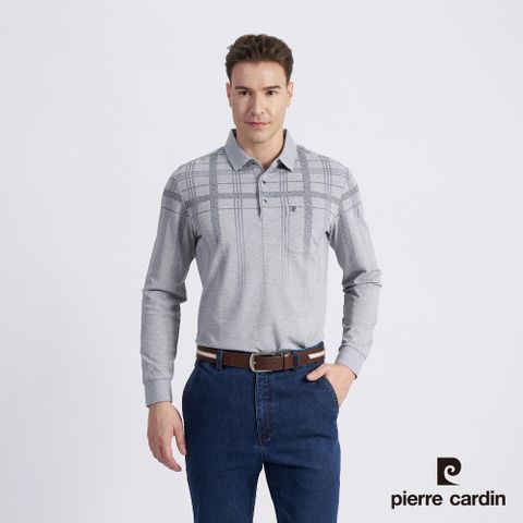 Pierre Cardin 皮爾卡登 男款 棉質混紡網眼布印花薄長袖POLO衫-灰色 (5215258-95)