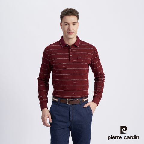 Pierre Cardin 皮爾卡登 男款 棉質混紡網眼布印花薄長袖POLO衫-暗紅色 (5215259-78)