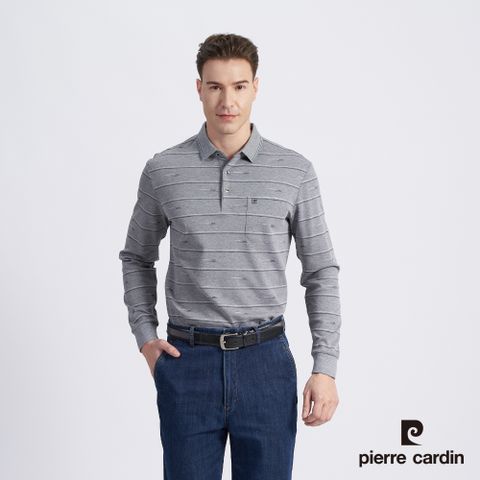 【pierre cardin 皮爾卡登】男款 棉質混紡印花薄長袖POLO衫-灰色 (5215259-95)