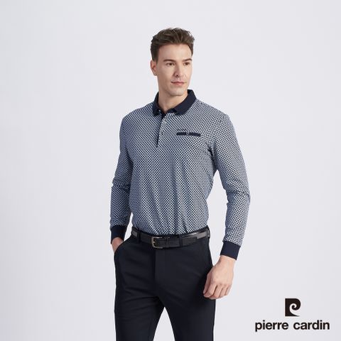 【pierre cardin 皮爾卡登】男款 棉質混紡印花薄長袖POLO衫-丈青色 (5215262-38)