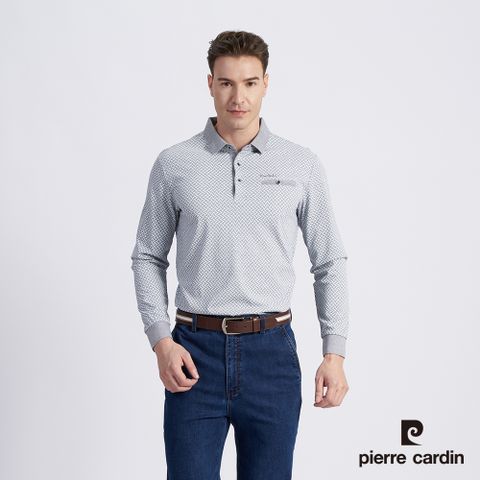 【pierre cardin 皮爾卡登】男款 棉質混紡印花薄長袖POLO衫-灰色 (5215262-95)