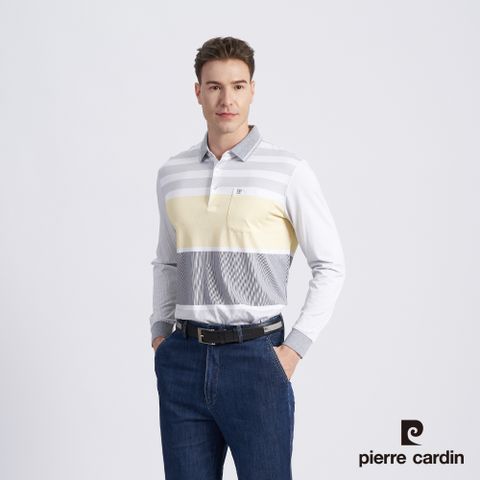 【pierre cardin 皮爾卡登】男款 棉質混紡細條定位印花薄長袖POLO衫-灰色 (5215263-95)
