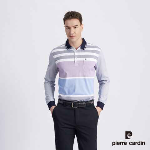 Pierre Cardin 皮爾卡登 男款 棉質混紡細條定位印花薄長袖POLO衫-丈青色 (5215263-38)