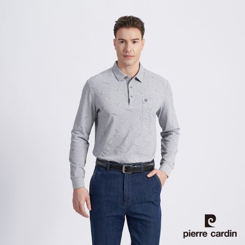 Pierre Cardin 皮爾卡登 男款 棉質混紡印花薄長袖POLO衫-灰色 (5215264-95)