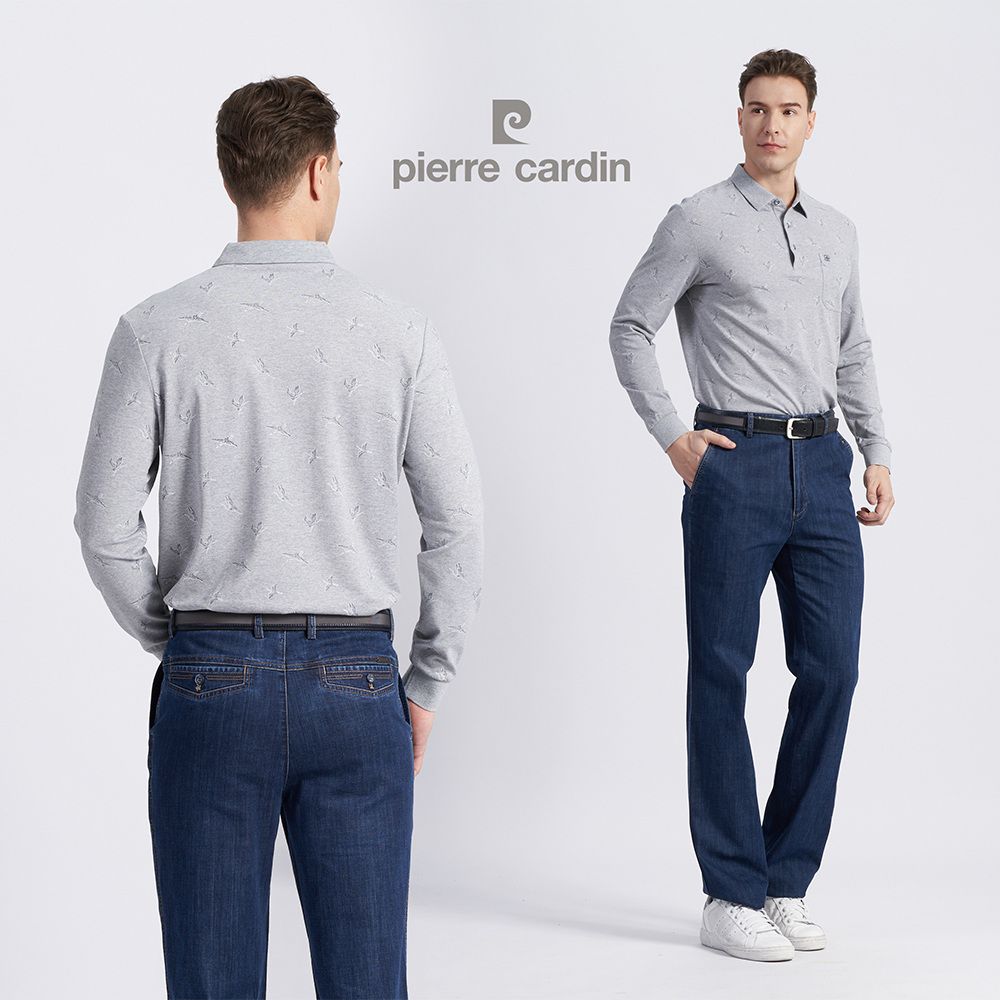 Pierre Cardin 皮爾卡登 男款 棉質混紡印花薄長袖POLO衫-灰色 (5215264-95)