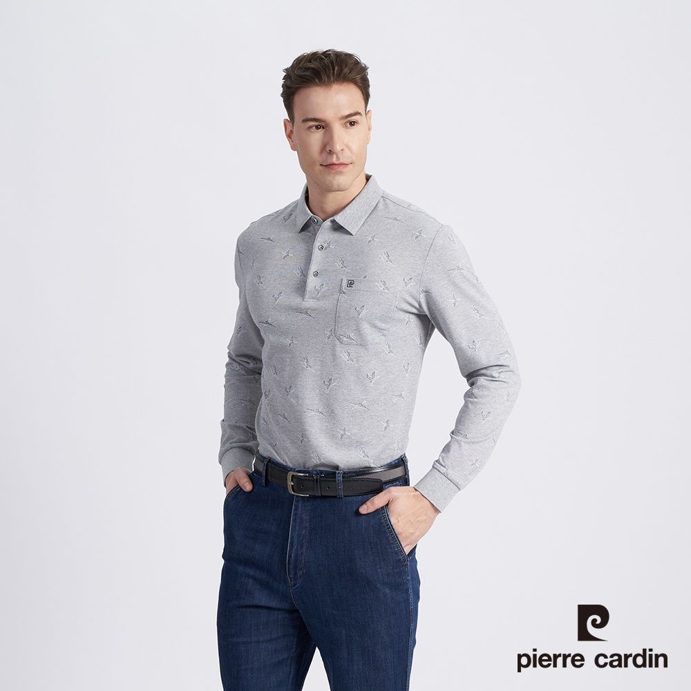 Pierre Cardin 皮爾卡登 男款 棉質混紡印花薄長袖POLO衫-灰色 (5215264-95)