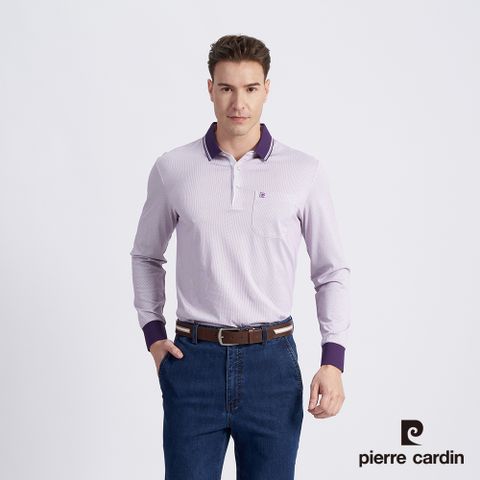 【pierre cardin 皮爾卡登】男款 棉質混紡細條印花薄長袖POLO衫-紫色 (5215265-28)