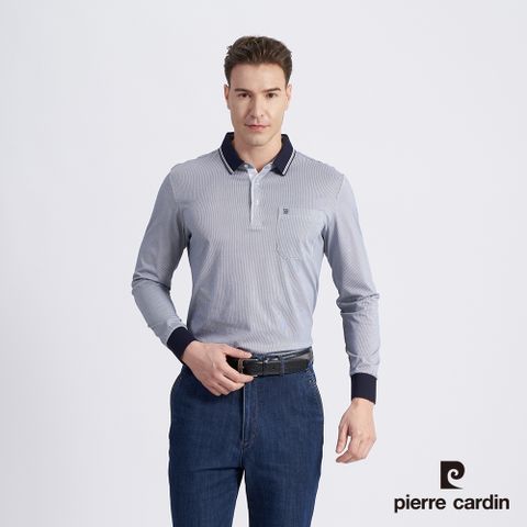 【pierre cardin 皮爾卡登】男款 棉質混紡細條印花薄長袖POLO衫-藍色 (5215265-38)