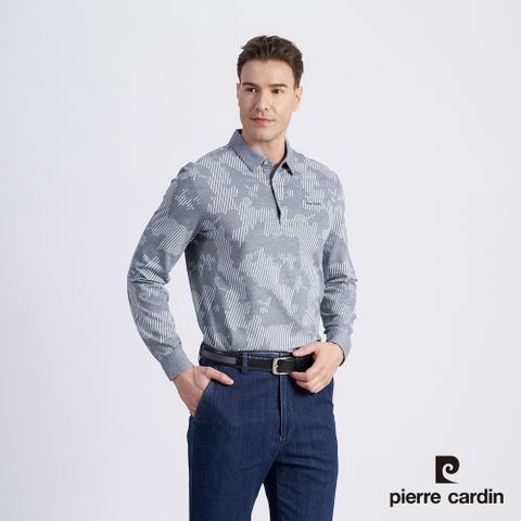【pierre cardin 皮爾卡登】男款 棉質混紡印花薄長袖POLO衫-丈青色 (5215266-38)