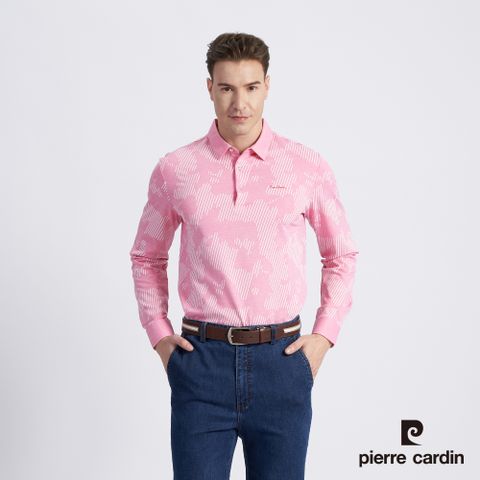 Pierre Cardin 皮爾卡登 男款 棉質混紡印花薄長袖POLO衫-粉色 (5215266-65)