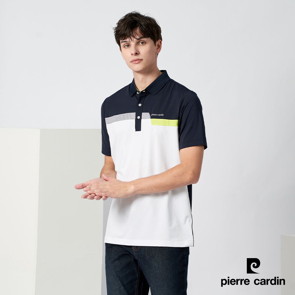 Pierre Cardin 皮爾卡登 男款 吸濕排汗定位剪接配色短袖polo衫-丈青色(3217201-38)