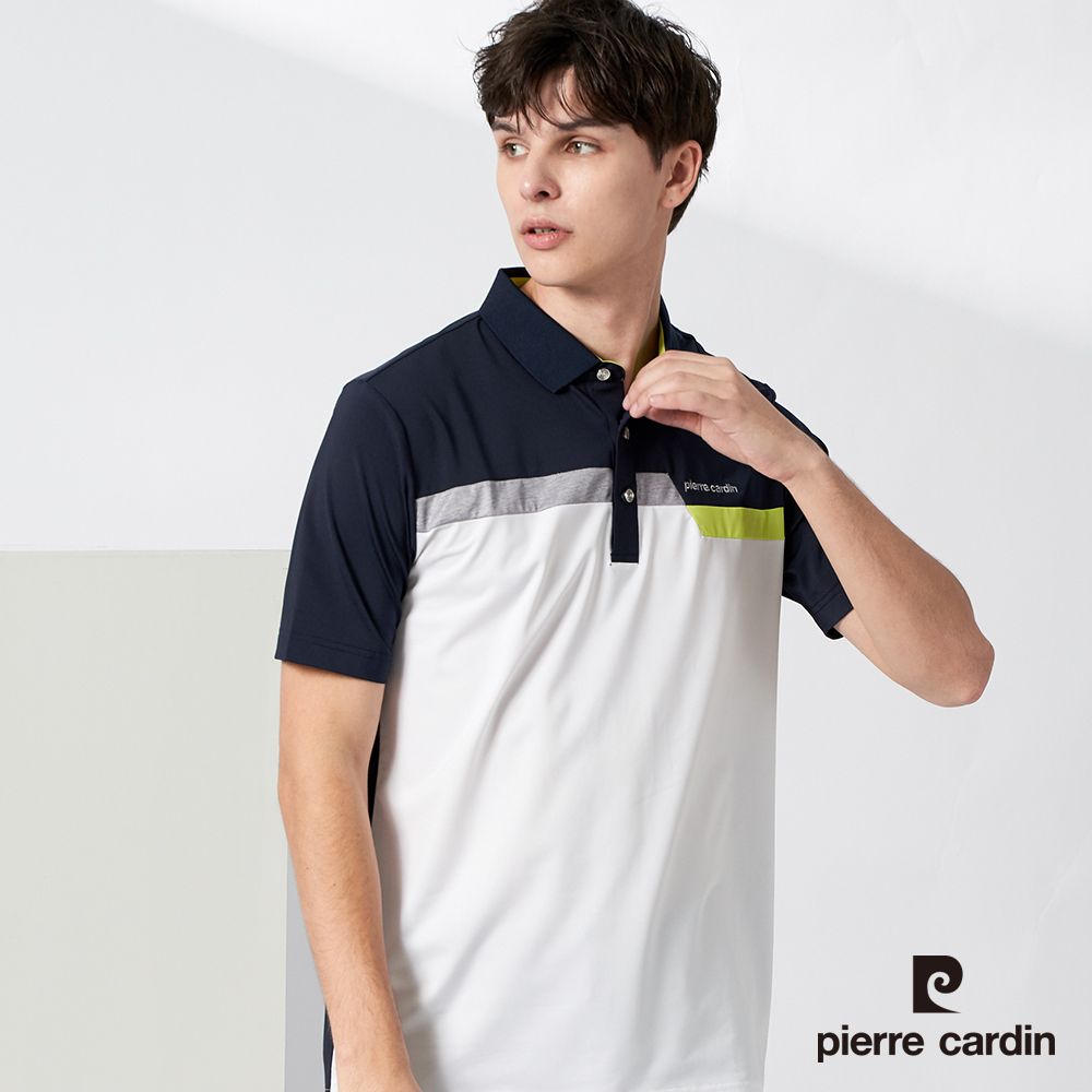 Pierre Cardin 皮爾卡登 男款 吸濕排汗定位剪接配色短袖polo衫-丈青色(3217201-38)