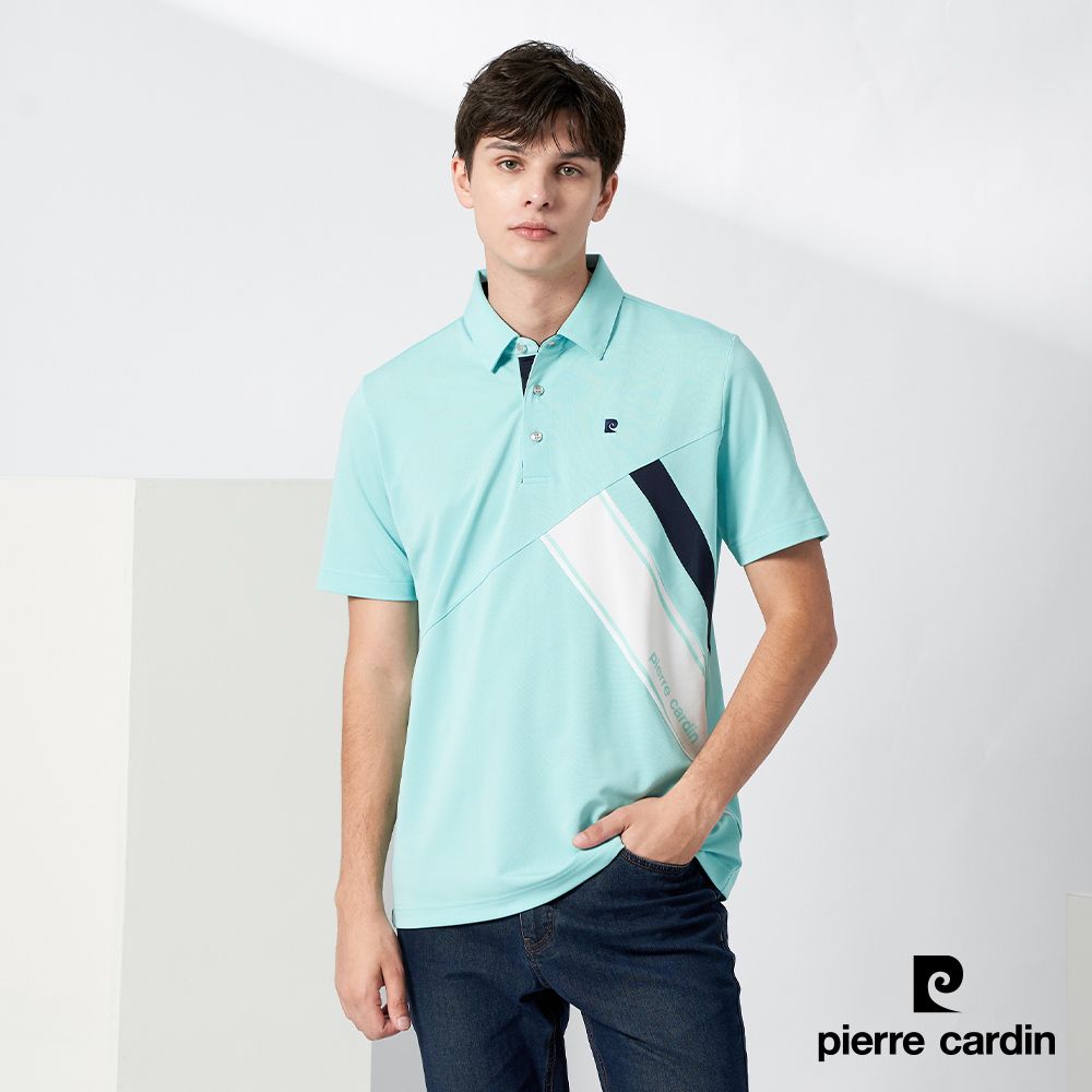 Pierre Cardin 皮爾卡登 男裝 吸濕排汗定位剪接配色短袖polo衫-水藍色 (3217203-35)