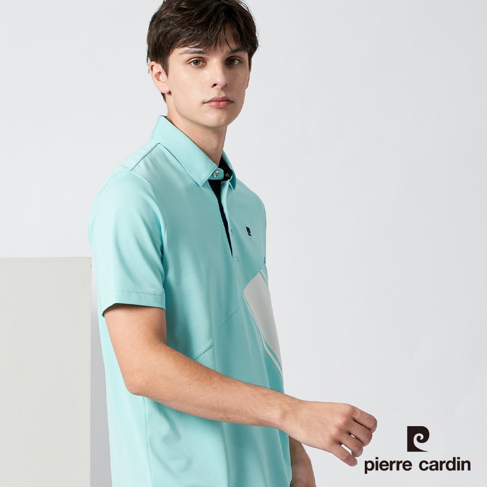 Pierre Cardin 皮爾卡登 男裝 吸濕排汗定位剪接配色短袖polo衫-水藍色 (3217203-35)