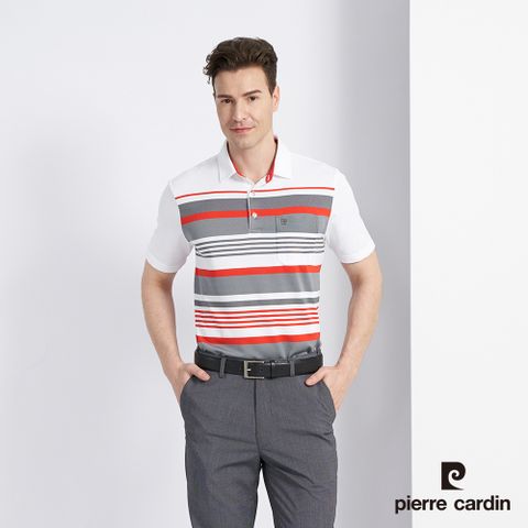 Pierre Cardin 皮爾卡登 男款 吸濕排汗彈性網眼橫條定位合身短袖POLO衫-灰色 (5227202-95)