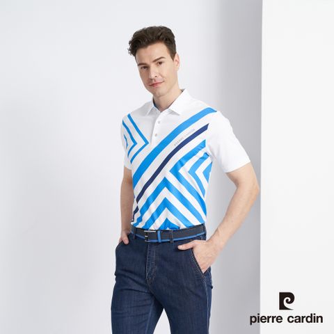 Pierre Cardin 皮爾卡登 男款 吸濕排汗彈性胸前數位印花合身短袖POLO衫-藍色 (5227205-35)