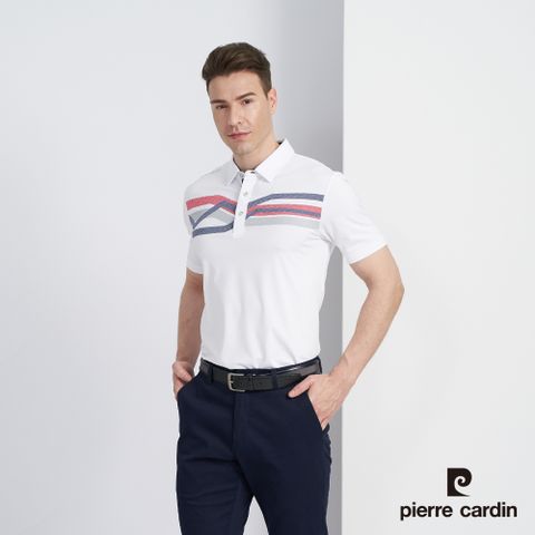 Pierre Cardin 皮爾卡登 男款 吸濕排汗彈性胸前數位印花合身短袖POLO衫-白色 (5227212-90)