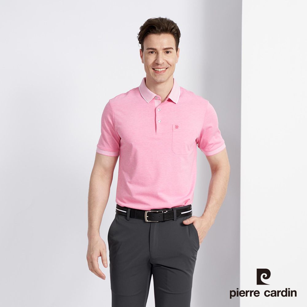 Pierre Cardin 皮爾卡登 男款 棉質混紡雙色交織素色短袖POLO衫-粉紅色 (5227252-65)