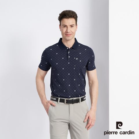 【pierre cardin 皮爾卡登】男款 棉質混紡印花短袖POLO衫-深藍色 (5227256-38) 