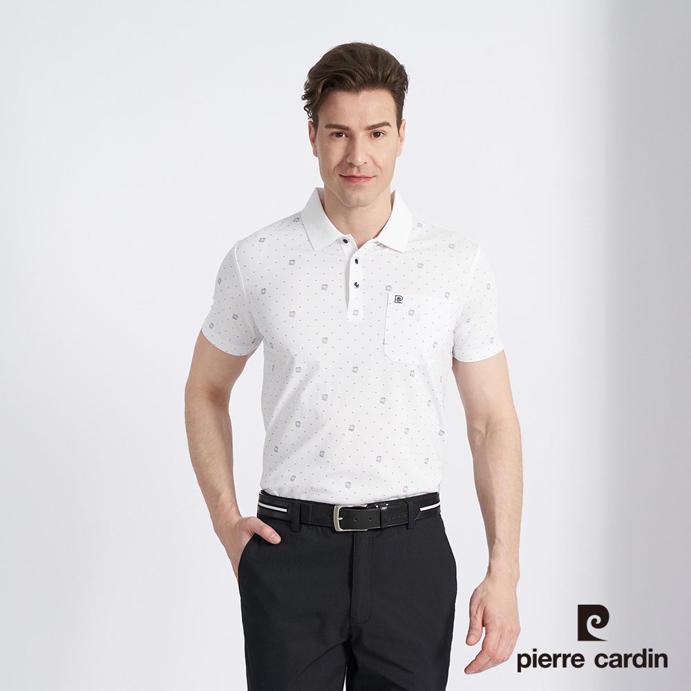 Pierre Cardin 皮爾卡登 男款 棉質混紡印花短袖POLO衫-白色 (5227256-90)