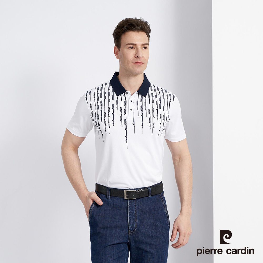 Pierre Cardin 皮爾卡登 男款 棉質混紡胸前印花短袖POLO衫-白色 (5227258-90)