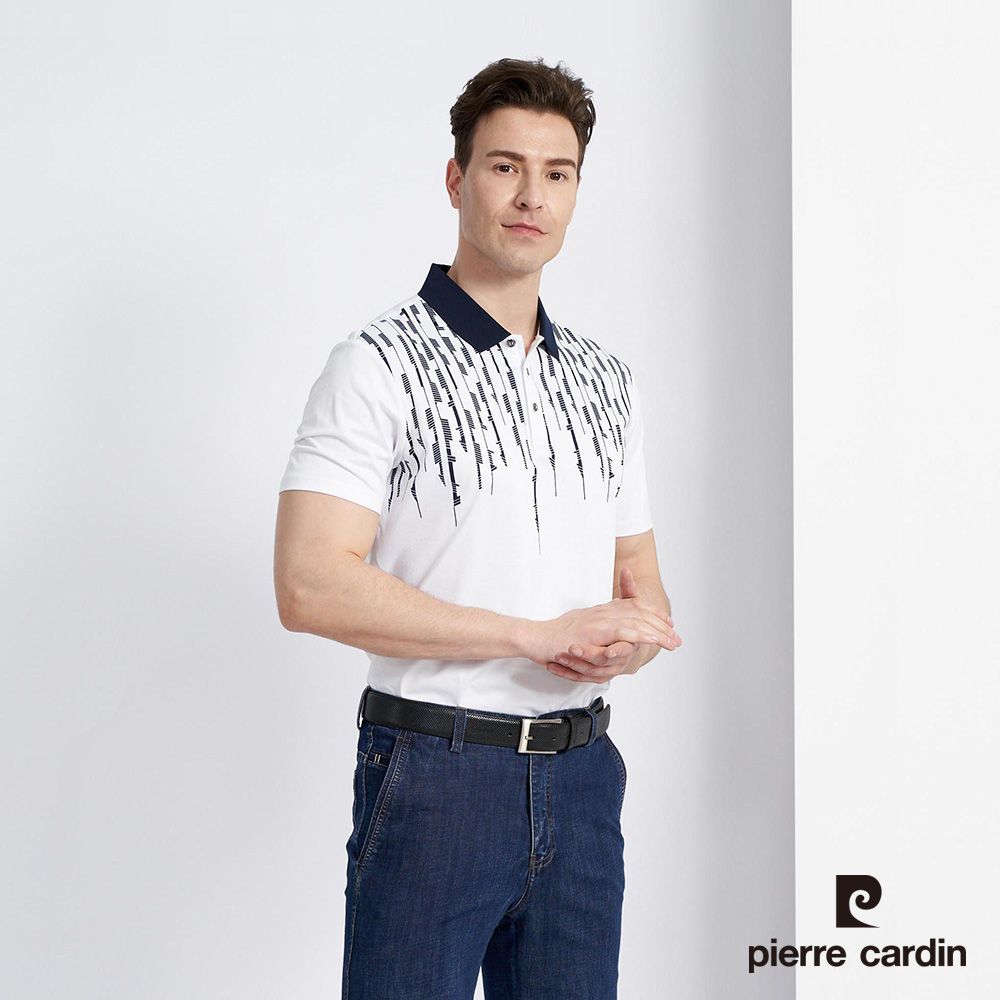 Pierre Cardin 皮爾卡登 男款 棉質混紡胸前印花短袖POLO衫-白色 (5227258-90)