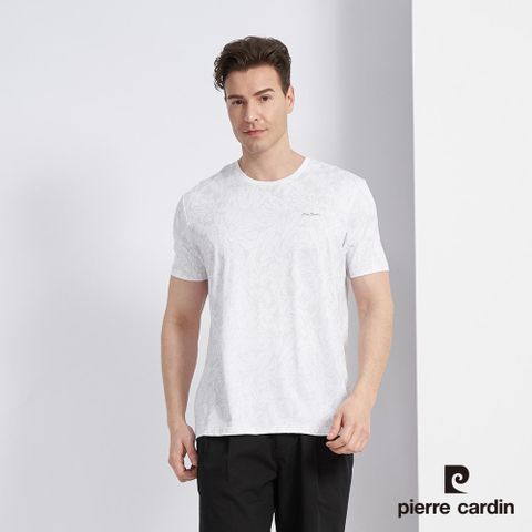 【pierre cardin 皮爾卡登】男款 棉質混紡印花短袖圓領衫-白色 (5227263-90)