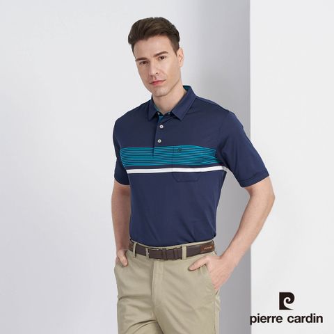 【pierre cardin 皮爾卡登】男款 吸濕排汗微彈性定位橫條短袖POLO衫-深藍色 (5227291-38)