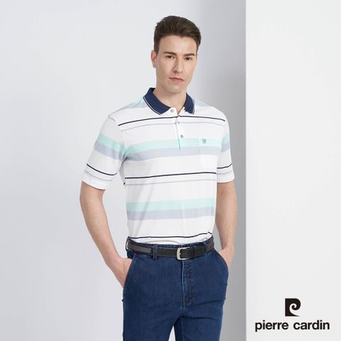【pierre cardin 皮爾卡登】男款 吸濕排汗微彈性橫條短袖POLO衫-湖綠色 (5227293-42)