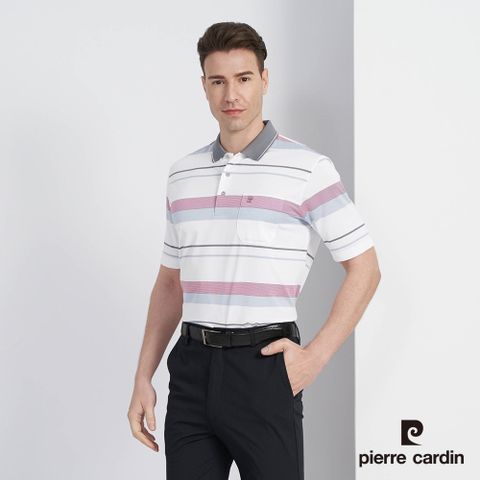 【pierre cardin 皮爾卡登】男款 吸濕排汗微彈性橫條短袖POLO衫-紅色 (5227293-75)