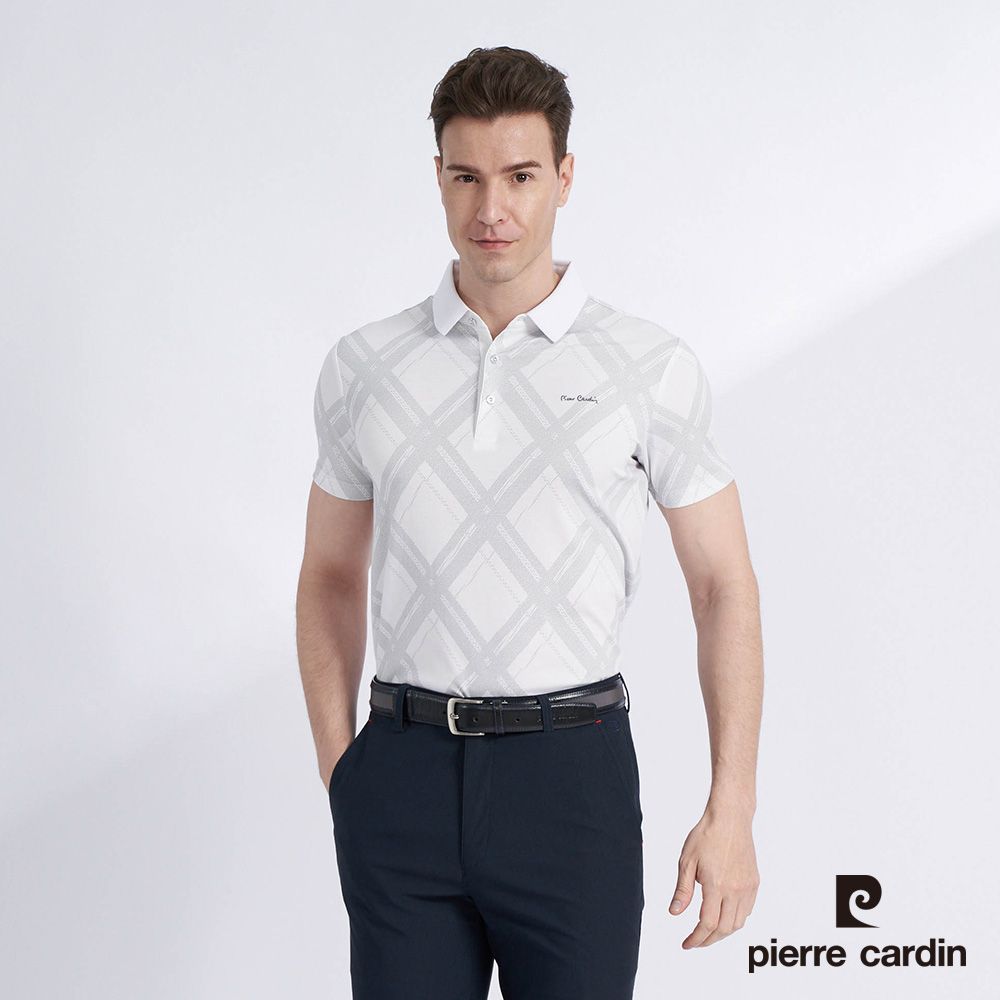 Pierre Cardin 皮爾卡登 男款 棉質混紡菱格印花短袖POLO衫-米白色 (5227266-91)